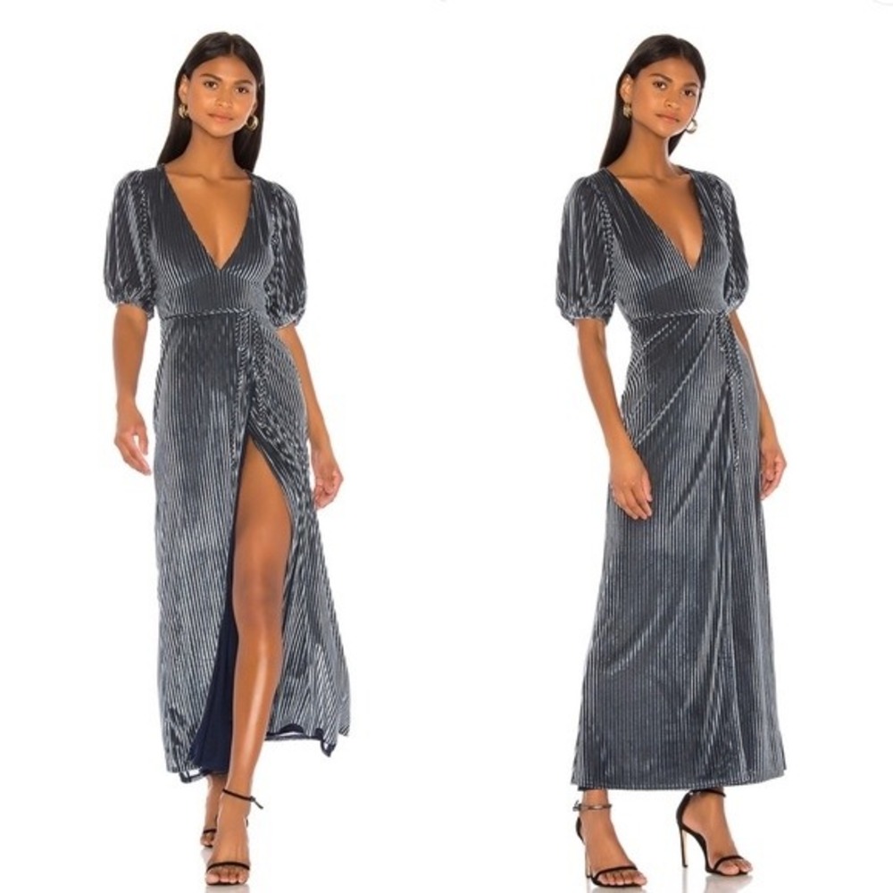 Lovers + Friends NWT Sarai Maxi‎ Dress Short Sleeve Velvet Ribbed Steel Blue